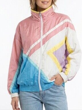 Vintage Lavon 80s pastel colour block zip up nylon windbreaker jacket
